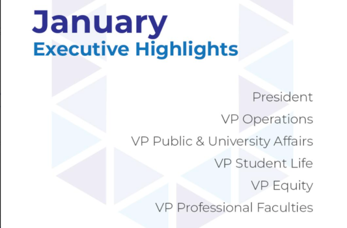A White background with a pale version of the U from the UTSU logo in the background. It says January Executive Highlights and gives the Executive Committee titles