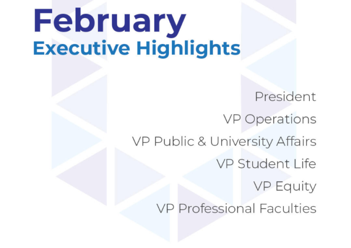 February Executive Hightlights in blue text on a white backgraopund with a light version of the UITSU logo U ij the background and a list of the Executive titless
