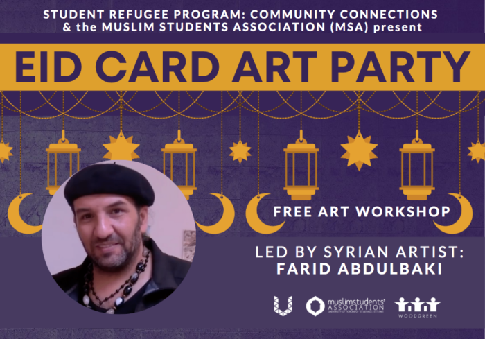 A purple flyer with orange highlights and illustrations of moons and laanterns and a photo of a man smiling wearing a beret and Student Refugee Program: Community Connections & the Muslim Student Association present Eid Card Art Party Thursday April 29 2021 4-5:30pm. Syrian Artist Farid Abdulbaki